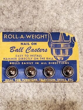 ROLL-A-WEIGHT Ball Casters - Blue & Yellow Display Card with 4 Casters Vintage
